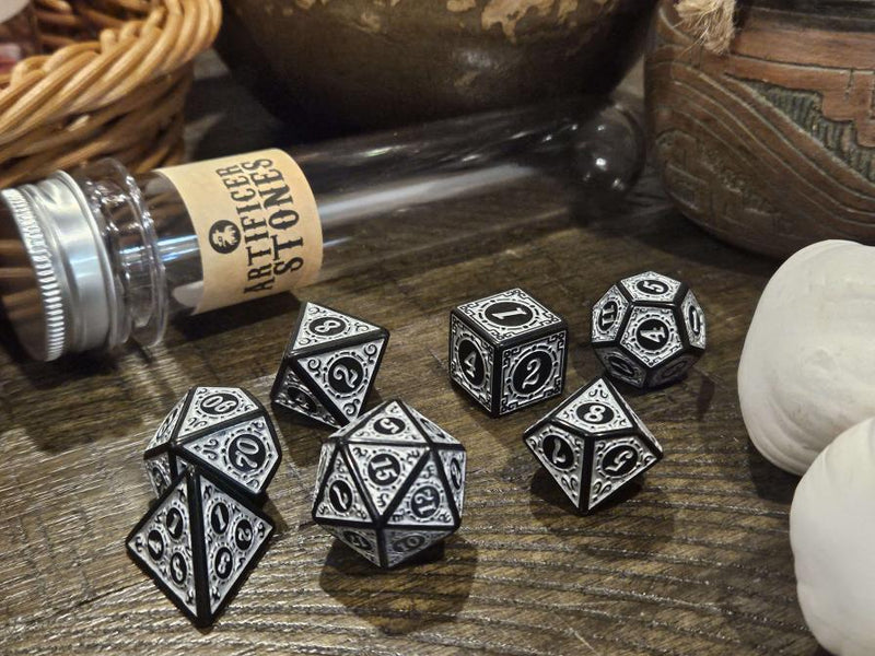 Doctor Pox - Artificer Stones Silver Polyhedral Dice Set