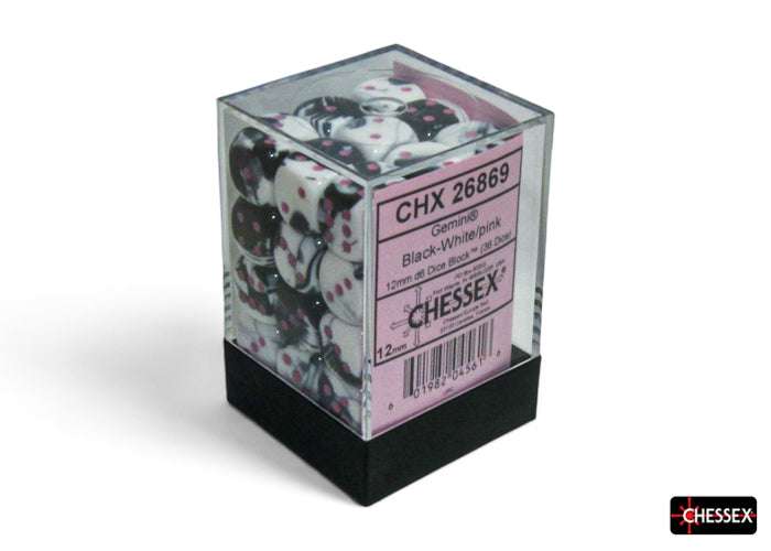 36D6 Gemini Black White w/ Pink Dice Block - 12mm