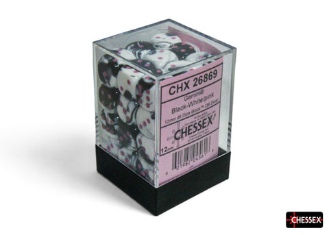 36D6 Gemini Black White w/ Pink Dice Block - 12mm