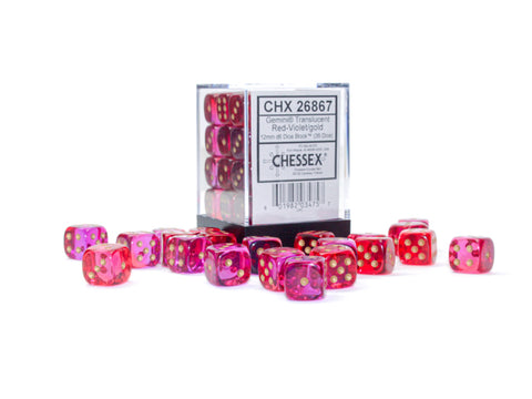 36D6 Gemini Translucent Red - Violet / Gold Dice Block - 12mm
