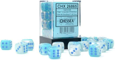 36D6 Gemini Pearl Turquoise - White / Blue Dice Block - 12mm