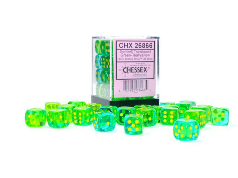 36D6 Gemini Translucent Green - Teal / Yellow Dice Block - 12mm