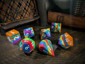 Bouncy Dice Set - 7 Polyhedral Dice - Rainbow & White 25mm