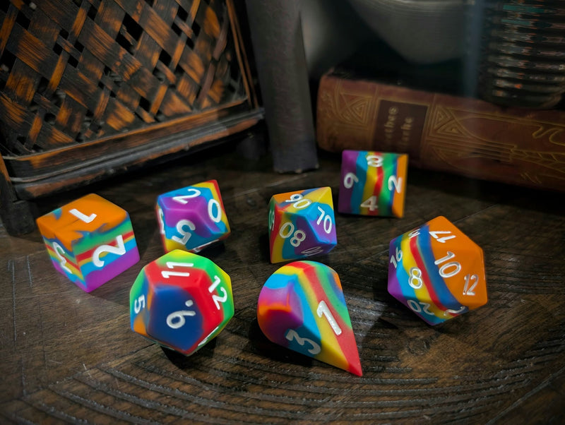 Bouncy Dice Set - 7 Polyhedral Dice - Rainbow & White 25mm