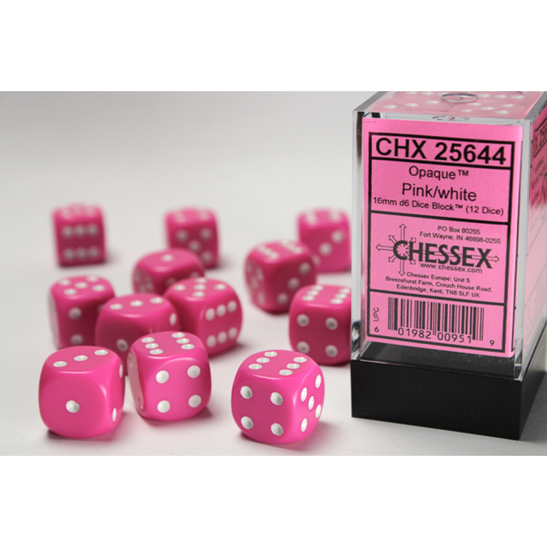 12D6 Opaque Pink w/ White Dice Block - 16mm