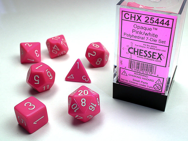 Polyhedral Opaque Pink w/ White Dice Sets