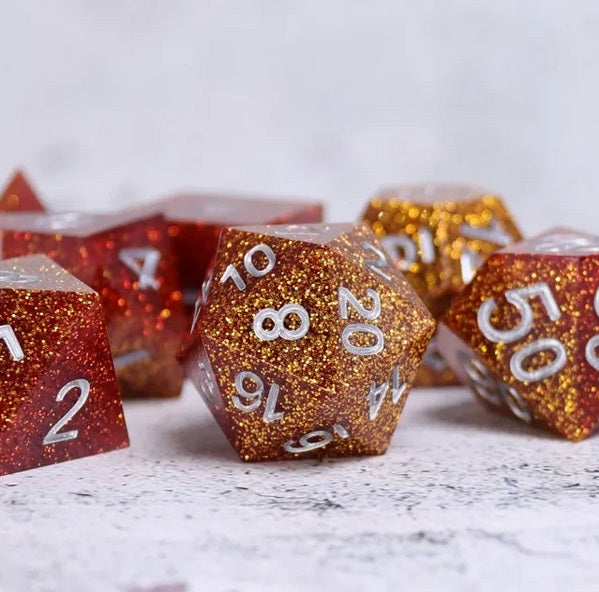 Amber Glitter Polyhedral Hand Made Dice Set