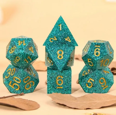 Aqua Glitter Polyhedral Hand Made Dice Set