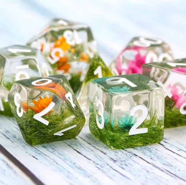Dried Flowers Polyhedral Hand Made Dice Set
