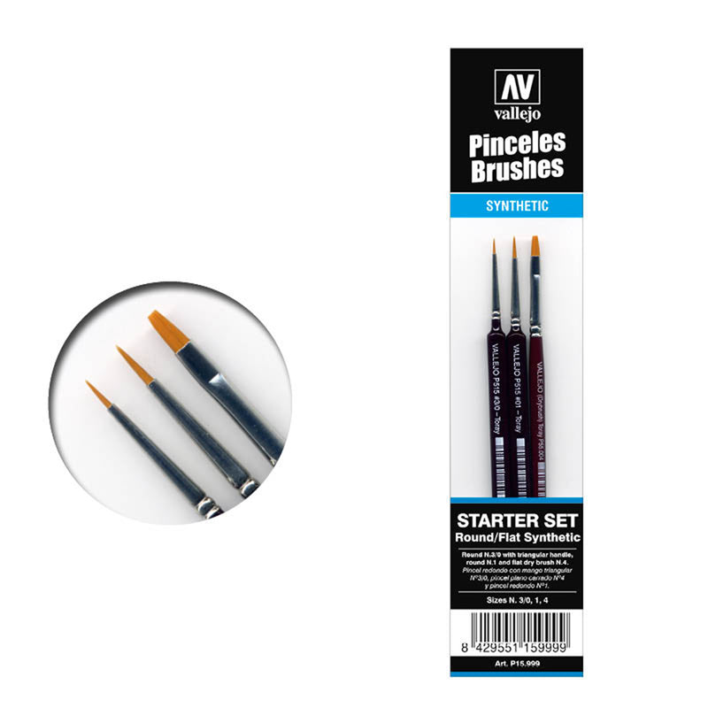 Vallejo Pro Round Synthetic Brush with Triangular Handle Starter Set 1 - 3/0 - 4