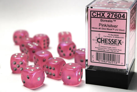 12D6 Borealis Pink w/ Silver Dice Block - 16mm