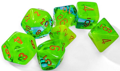 Polyhedral Gemini Plasma Green - Teal w/ Orange Dice Sets