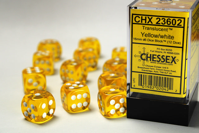 12D6 Translucent Yellow w/ White Dice Block - 16mm