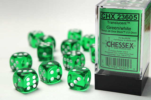 12D6 Translucent Green w/ White Dice Block - 16mm