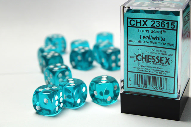 12D6 Translucent Teal w/ White Dice Block - 16mm