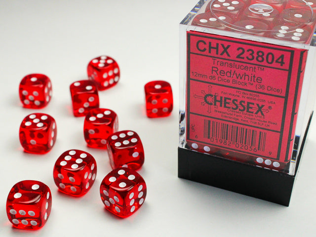 36D6 Translucent Red w/ White Dice Block - 12mm