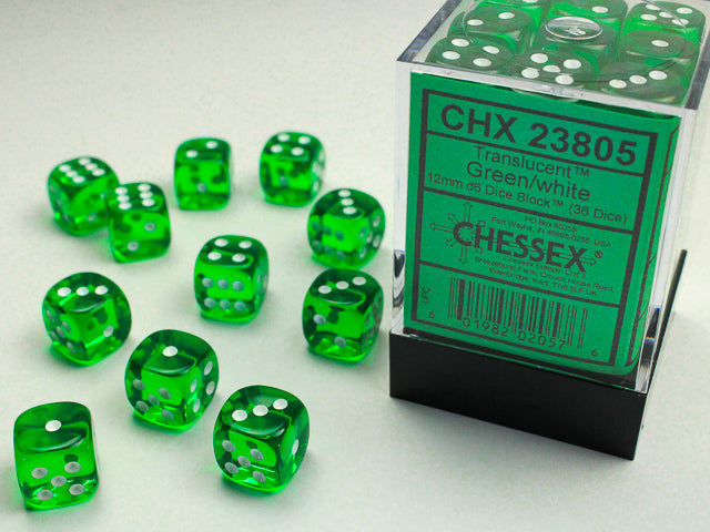 36D6 Translucent Green w/ White Dice Block - 12mm