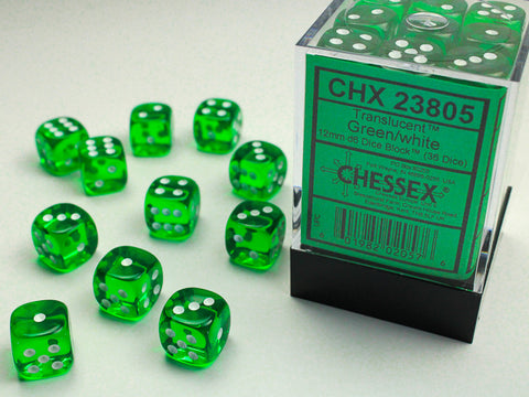 36D6 Translucent Green w/ White Dice Block - 12mm