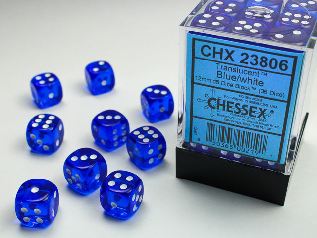 36D6 Translucent Blue w/ White Dice Block - 12mm