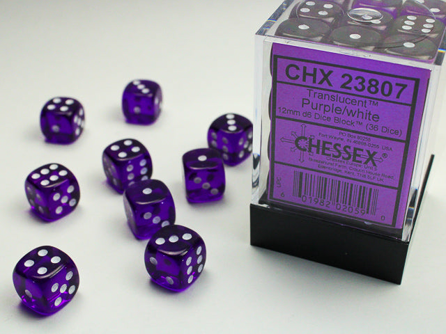 36D6 Translucent Purple w/ White Dice Block - 12mm
