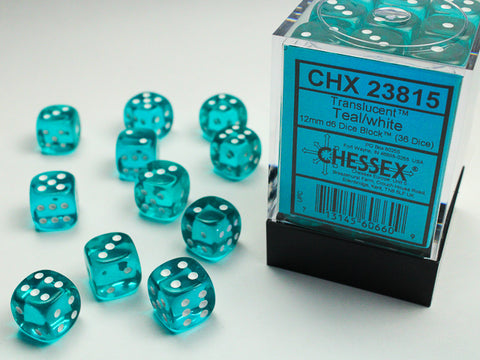 36D6 Translucent Teal w/ White Dice Block - 12mm