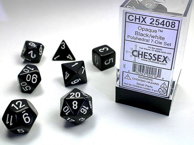 Polyhedral Opaque Black w/ White Dice Sets