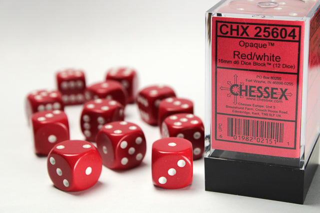 12D6 Opaque Red w/ White Dice Block - 16mm