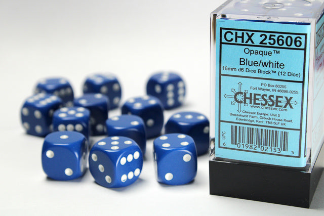 12D6 Opaque Blue w/ White Dice Block - 16mm