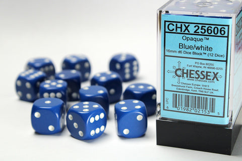 12D6 Opaque Blue w/ White Dice Block - 16mm