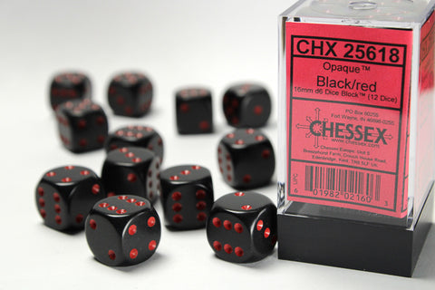 12D6 Opaque Black w/ Red Dice Block - 16mm