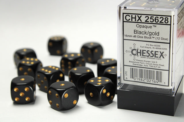 12D6 Opaque Black w/ Gold Dice Block - 16mm