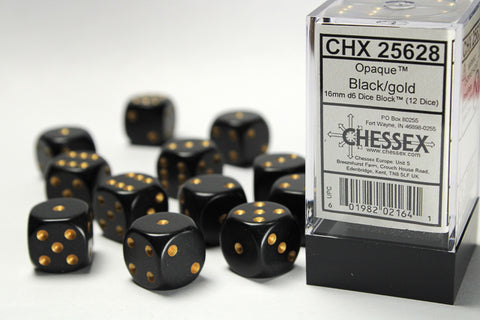 12D6 Opaque Black w/ Gold Dice Block - 16mm