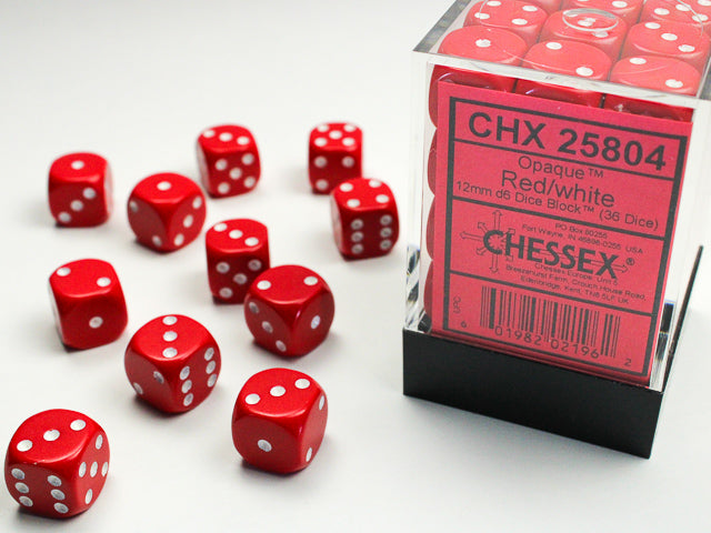 36D6 Opaque Red w/ White Dice Block - 12mm
