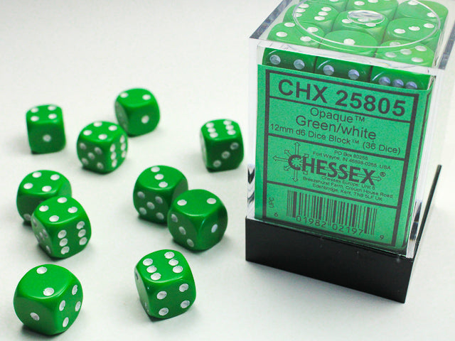 36D6 Opaque Green w/ White Dice Block - 12mm