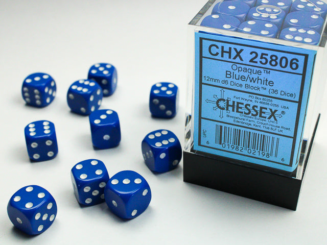 36D6 Opaque Blue w/ White Dice Block - 12mm