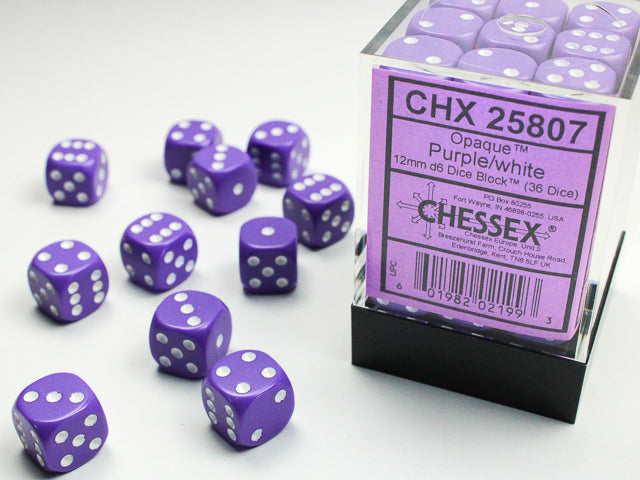 36D6 Opaque Purple w/ White Dice Block - 12mm