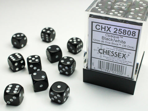 36D6 Opaque Black w/ White Dice Block - 12mm
