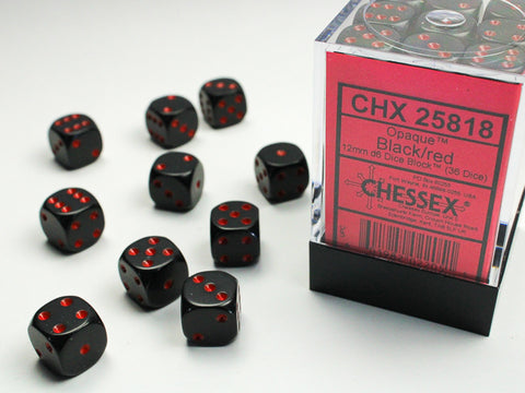 36D6 Opaque Black w/ Red Dice Block - 12mm