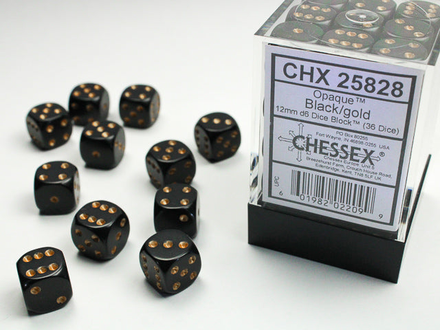 36D6 Opaque Black w/ Gold Dice Block - 12mm