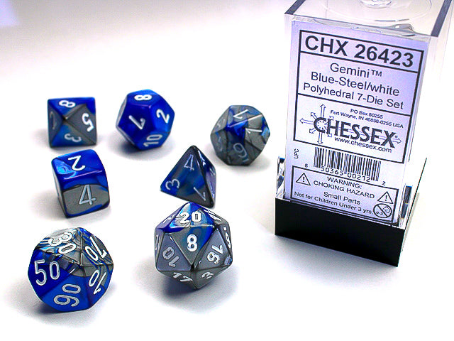 Polyhedral Gemini Blue - Steel w/ White Dice Sets