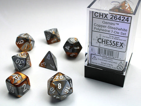 Polyhedral Gemini Copper Steel w/ White Dice Sets