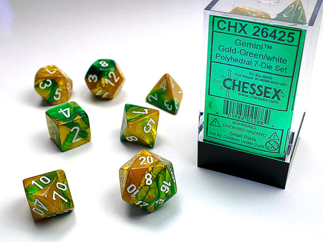 Polyhedral Gemini Gold - Green w/ White Dice Sets