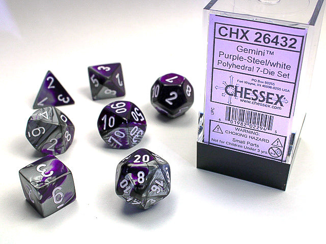 Polyhedral Gemini Purple - Steel w/ White Dice Sets