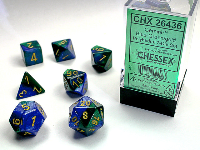 Polyhedral Gemini Blue - Green w/ Gold Dice Sets