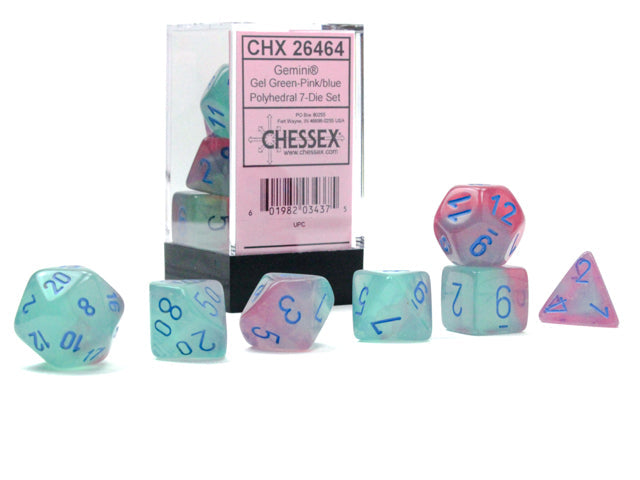 Polyhedral Gemini Gel Green - Pink w/ Blue Dice Sets