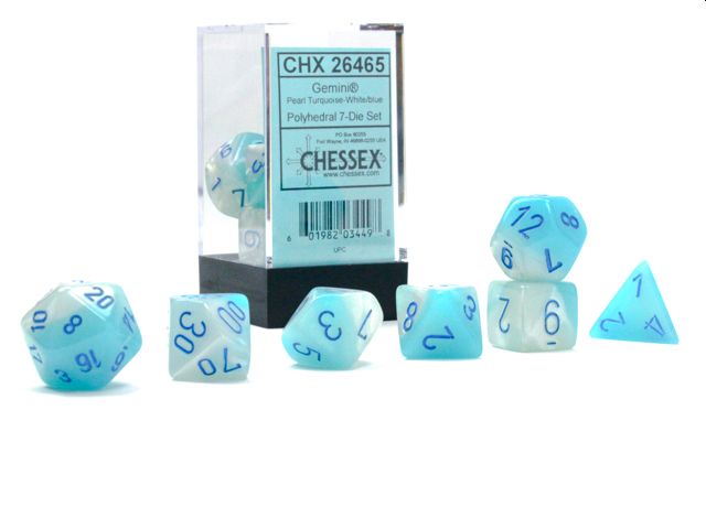 Polyhedral Gemini Pearl Turquoise - White w/ Blue Dice Sets