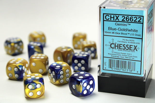 12D6 Gemini Blue - Gold w/ White Dice Block - 16mm