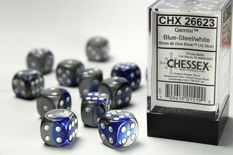 12D6 Gemini Blue - Steel w/ White Dice Block - 16mm
