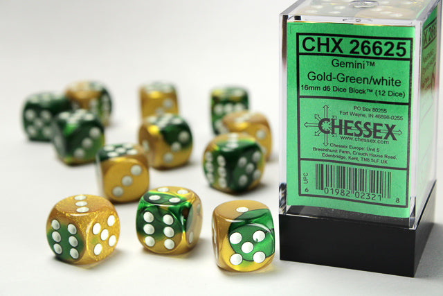 12D6 Gemini Gold - Green w/ White Dice Block - 16mm