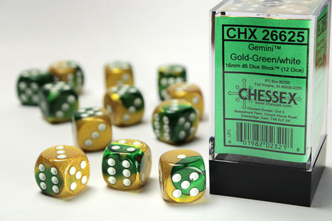 12D6 Gemini Gold - Green w/ White Dice Block - 16mm
